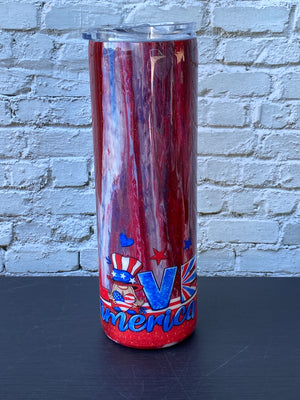 Custom Painted Patriotic Gnomes 2 Stainless Skinny Tumbler w/Sliding Lid and Straw- 30 Oz