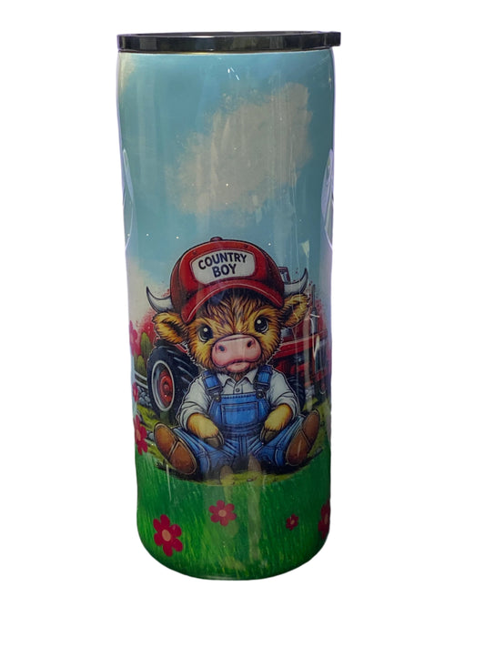 Custom Painted Country Boy Cow Stainless Fatty Tumbler w/Sliding Lid and Straw- 30 Oz