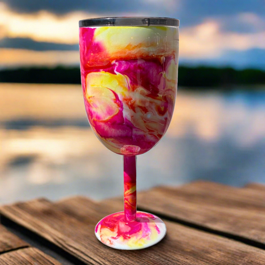 Custom Painted Pink Yellow Swirl Stainless Wine Glass w/Sliding Lid - 10 Oz