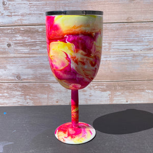 Custom Painted Pink Glitter Swirl Stainless Wine Glass w/Sliding Lid - 10 Oz