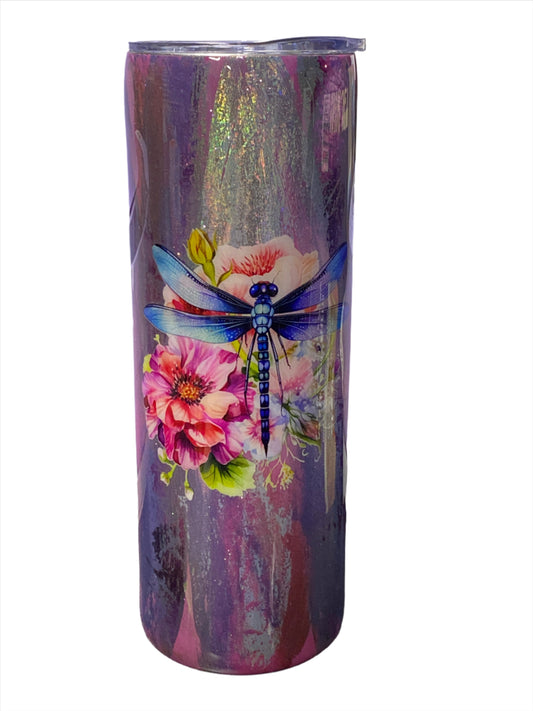 Custom Painted Dragonfly Stainless Skinny Tumbler w/Sliding Lid and Straw- 20 Oz