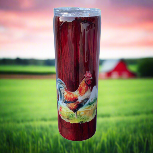 Custom Painted Red Wood Grain Chicken Stainless Skinny Tumbler w/Sliding Lid and Straw- 30 Oz