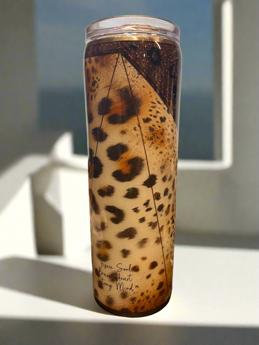 Custom Painted Brown Cheetah Stainless Tumbler w/Sliding Lid and Straw- 30 Oz
