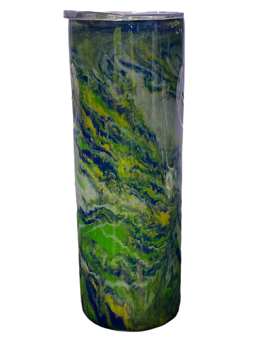 Custom Painted Green Swirl Stainless Skinny Tumbler w/Sliding Lid and Straw- 20 Oz