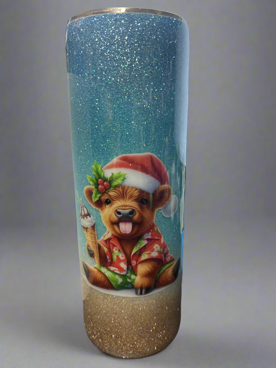 Custom Painted Beach Christmas Cow Stainless Skinny Tumbler w/Sliding Lid and Straw- 30 Oz