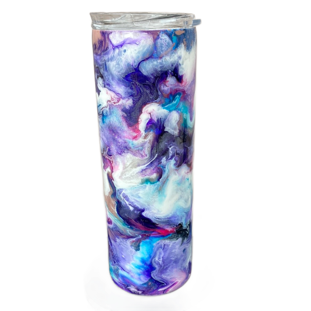 Custom Painted Purple Swirl Stainless Skinny Tumbler w/Sliding Lid and Straw- 20 Oz