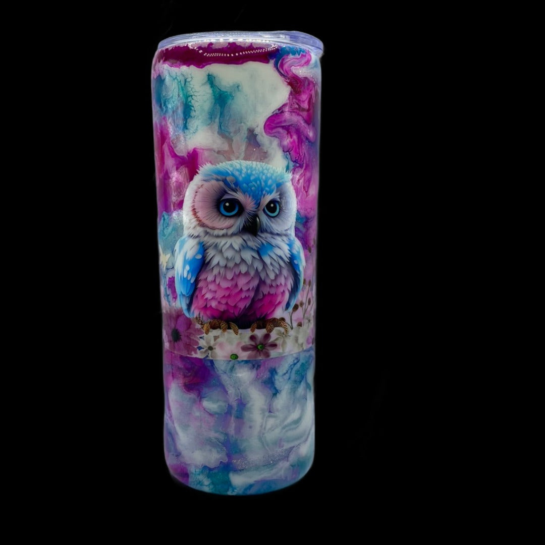 Custom Painted Blue Pink Owl Stainless Skinny Tumbler w/Sliding Lid and Straw- 20 Oz