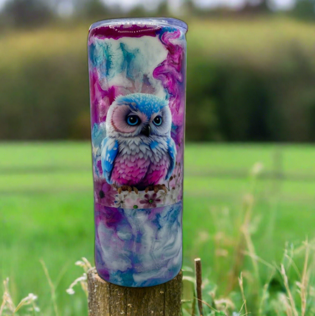Custom Painted Blue Pink Owl Stainless Skinny Tumbler w/Sliding Lid and Straw- 20 Oz