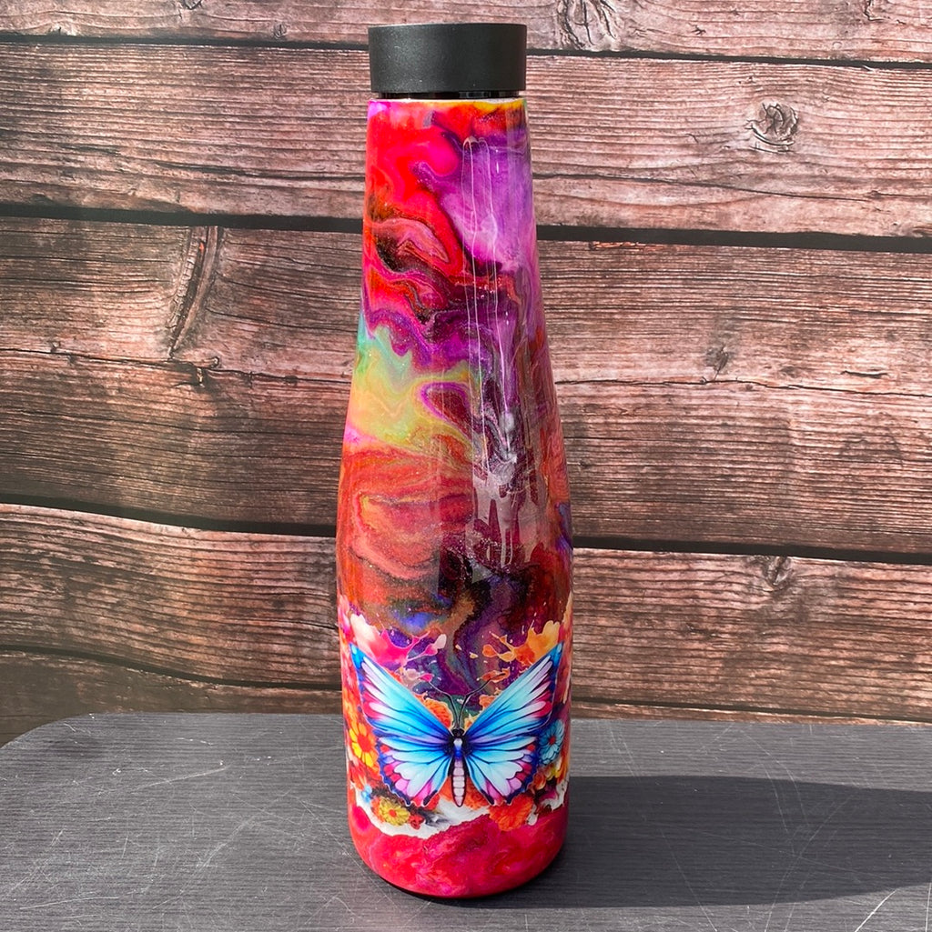 Hand Painted Pink Swirl Butterfly Stainless Push Top Bottle - 30 Oz