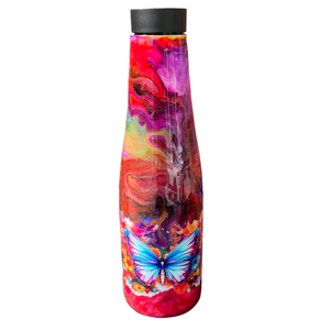 Hand Painted Pink Swirl Butterfly Stainless Push Top Bottle - 30 Oz