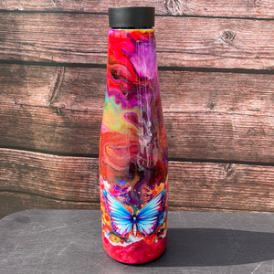 Hand Painted Pink Swirl Butterfly Stainless Push Top Bottle - 30 Oz