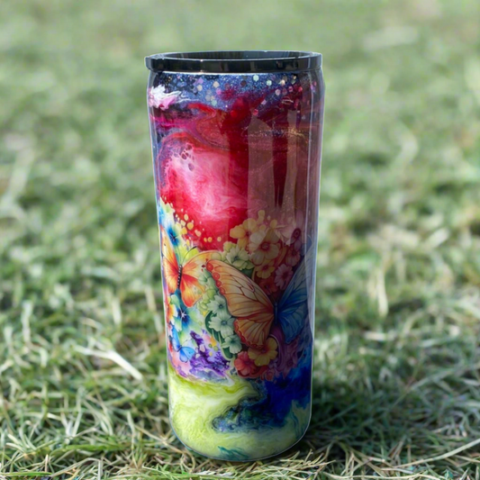 Hand Painted Color Swirl Butterflies Stainless Fatty Tumbler w/Sliding Lid and Straw- 30 Oz