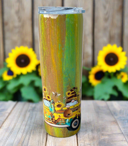 Custom Painted Bee Gnome Truck Stainless Skinny Tumbler w/Sliding Lid and Straw- 30 Oz