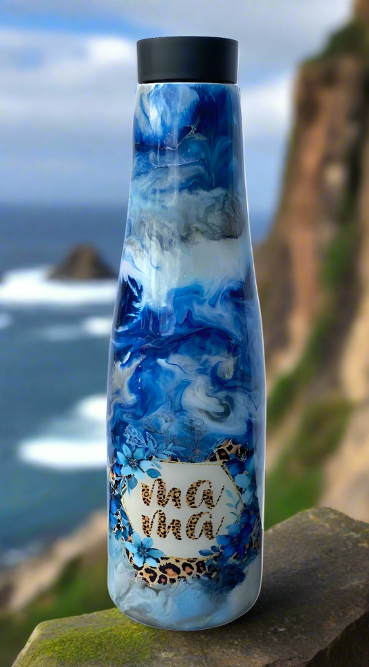 Hand Painted Blue Sky Mama Stainless Push Top Bottle - 30 Oz