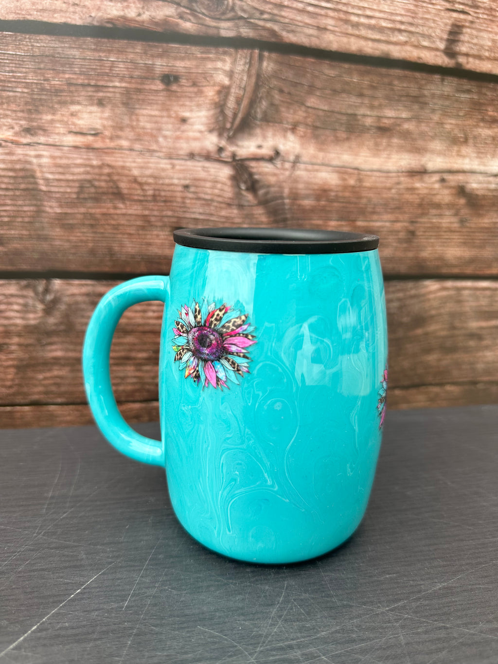 Custom Hand-Painted Light Blue Floral Swirl Stainless Steel Coffee Mug - 14 Oz