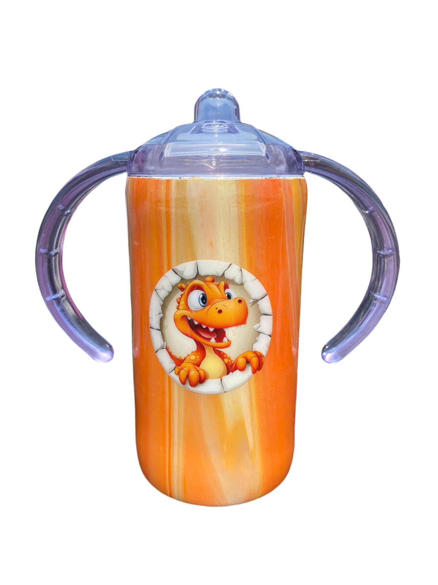 Custom Hand-Painted Cute Orange Dino with Sippy Lid - 14 Oz