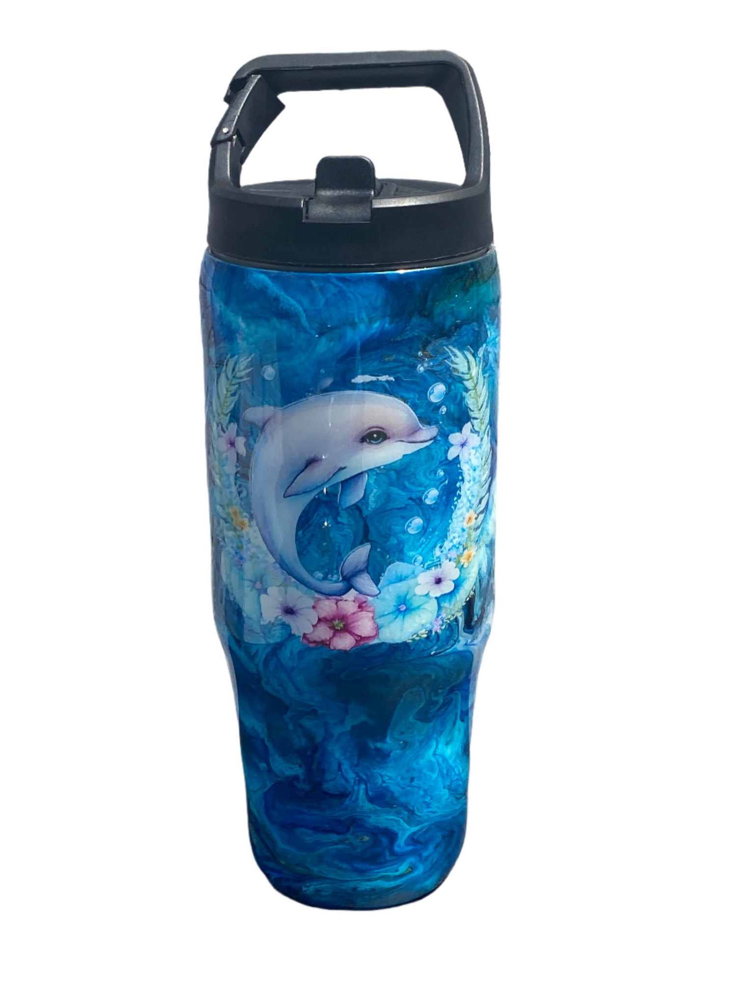 Hand Painted Dolphin Stainless Clip Mate Hydro Bottle w/Lid and Straw- 30 Oz