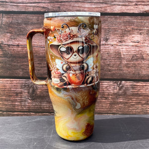 Hand Painted Brown Bee Stainless Steel Handle Curved Tumbler w/Sliding Lid and Straw- 24 Oz