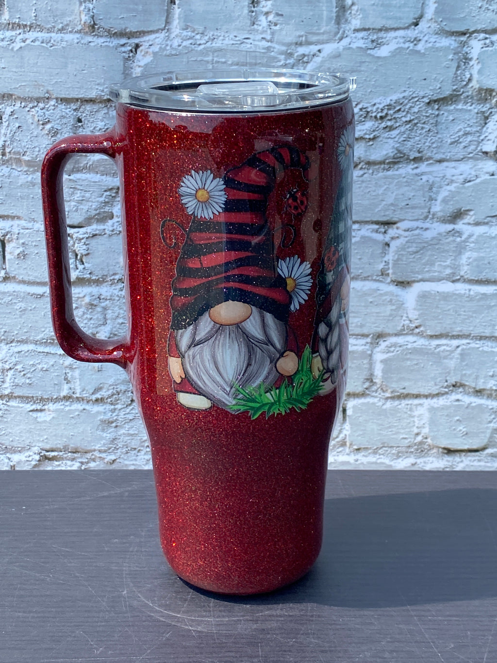 Hand Painted Red Gnomes Stainless Steel Handle Curved Tumbler w/Sliding Lid and Straw- 24 Oz