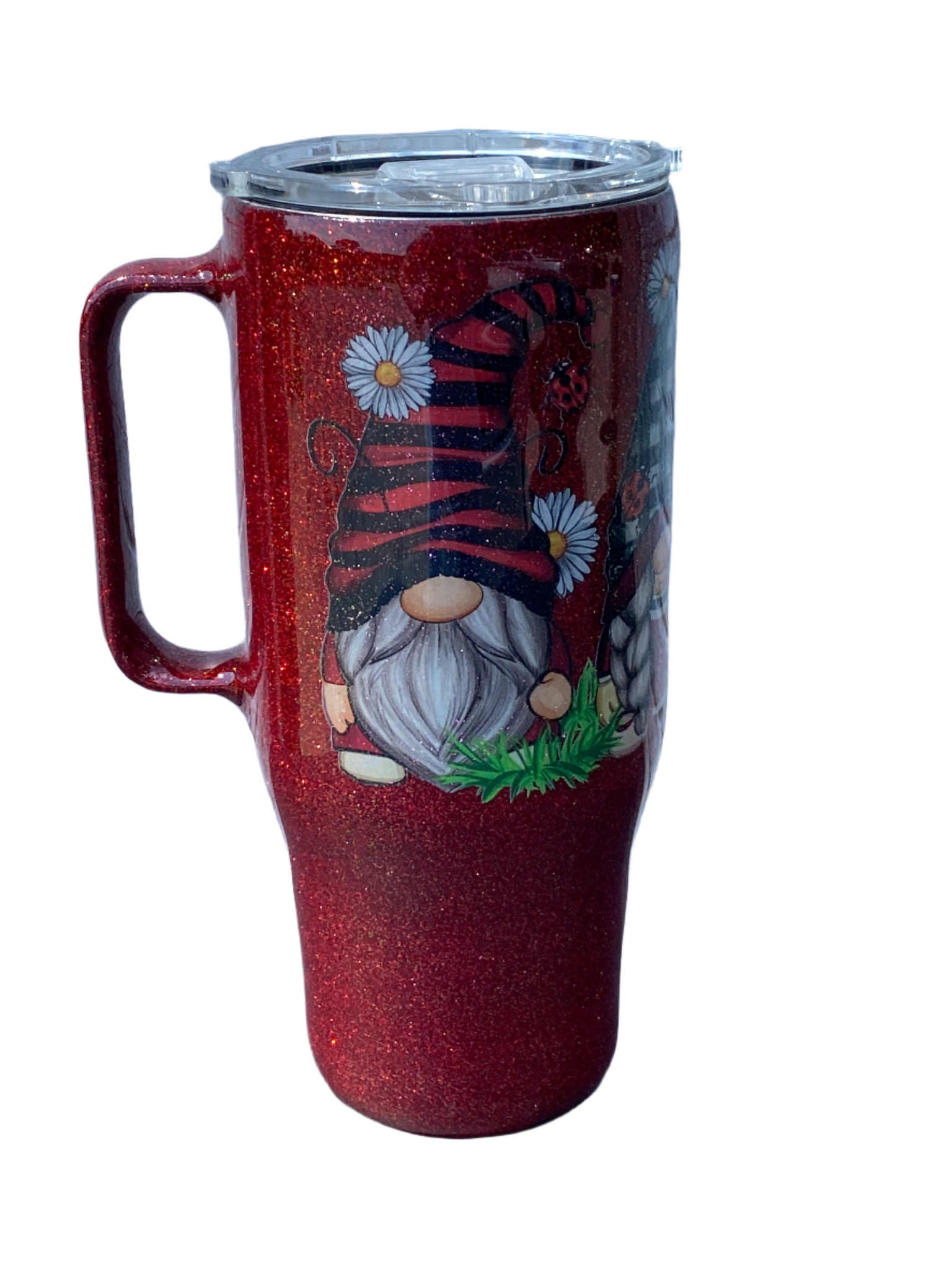 Hand Painted Red Gnomes Stainless Steel Handle Curved Tumbler w/Sliding Lid and Straw- 24 Oz