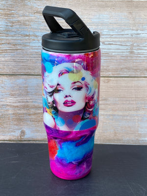 Hand Painted Marilyn Stainless Clip Mate Hydro Bottle w/Lid and Straw- 30 Oz