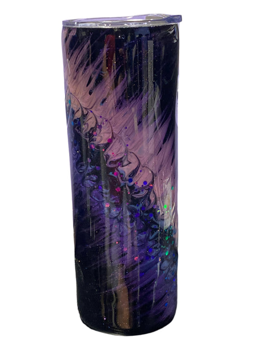 Custom Painted Purple Swirl Stainless Skinny Tumbler w/Sliding Lid and Straw- 20 Oz