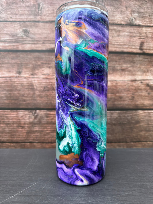 Custom Painted Teal Purple Swirl Stainless Skinny Tumbler w/Sliding Lid and Straw- 30 Oz