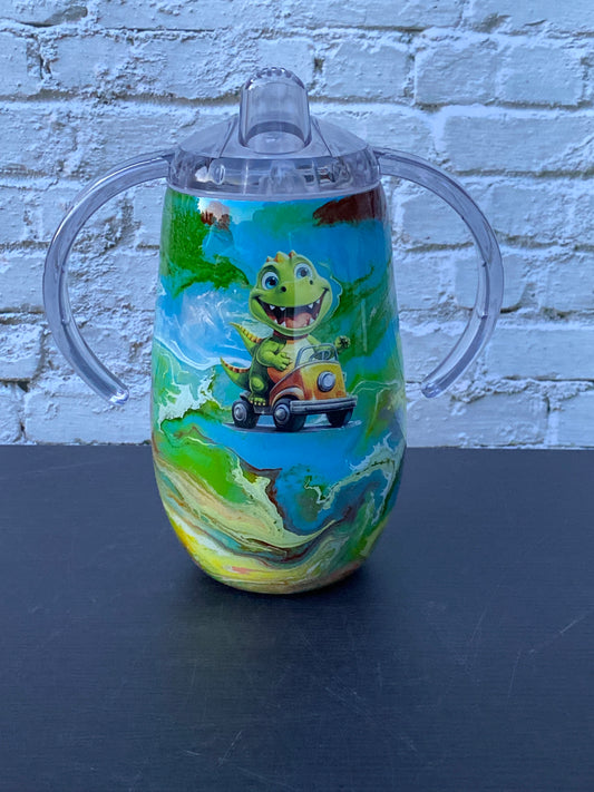 Custom Hand-Painted Dino Car Tumbler with Sippy Lid - 14 Oz