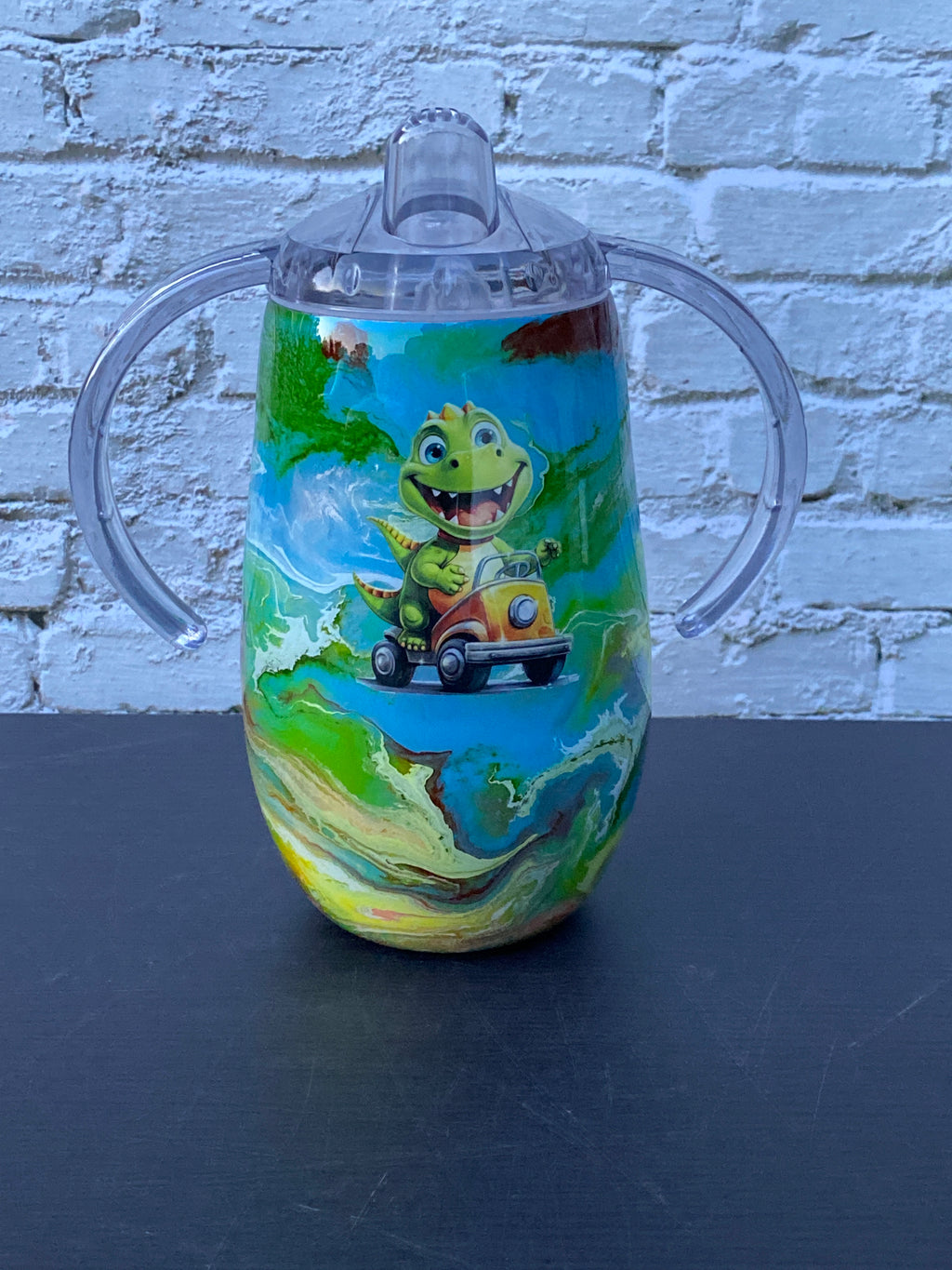 Custom Hand-Painted Dino Car Tumbler with Sippy Lid - 14 Oz