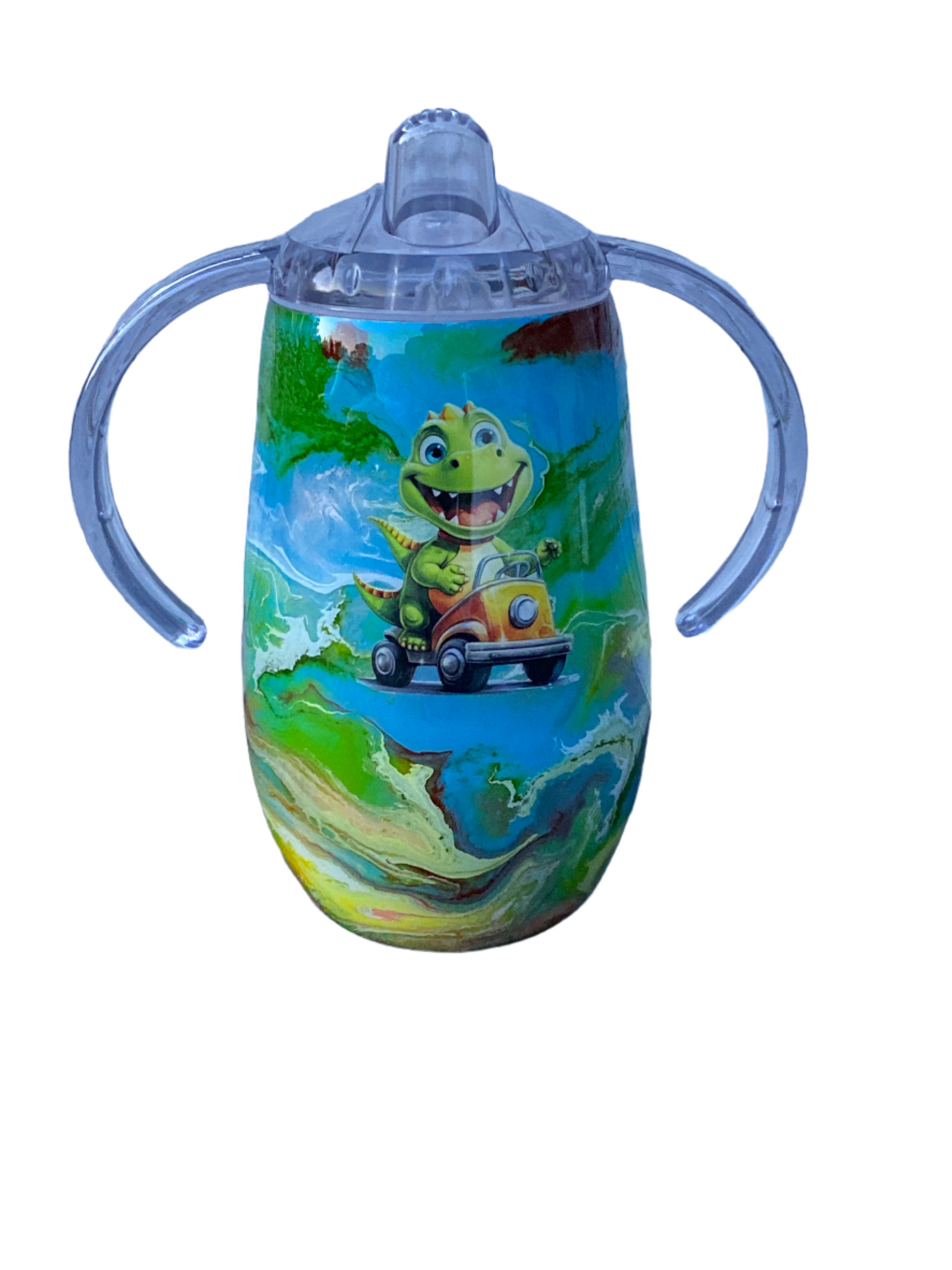 Custom Hand-Painted Dino Car Tumbler with Sippy Lid - 14 Oz