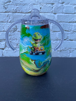 Custom Hand-Painted Dino Car Tumbler with Sippy Lid - 14 Oz