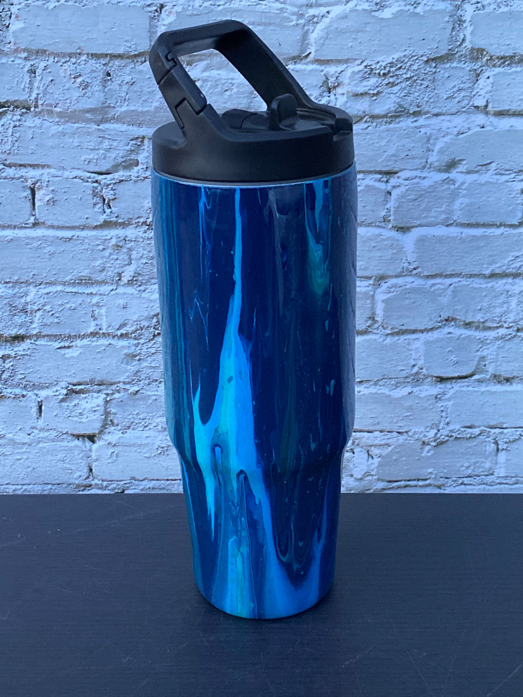 Hand Painted Blue Teal Swirl Stainless Clip Mate Hydro Bottle w/Lid and Straw- 30 Oz