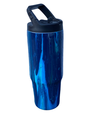 Hand Painted Blue Teal Swirl Stainless Clip Mate Hydro Bottle w/Lid and Straw- 30 Oz