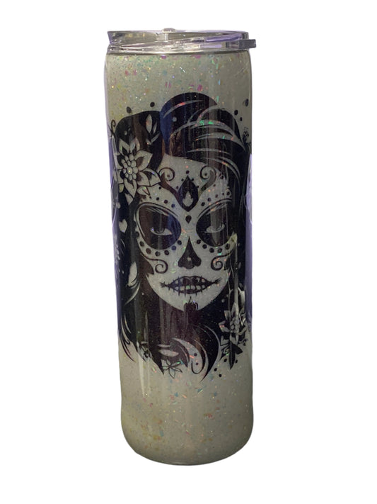 Custom Painted Halloween Sugar Skull Stainless Skinny Tumbler w/Sliding Lid and Straw- 30 Oz