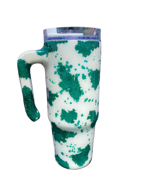 Hand Painted Green Cow Stainless Steel Grippy Handle Tumbler w/Sliding Lid - 30 Oz