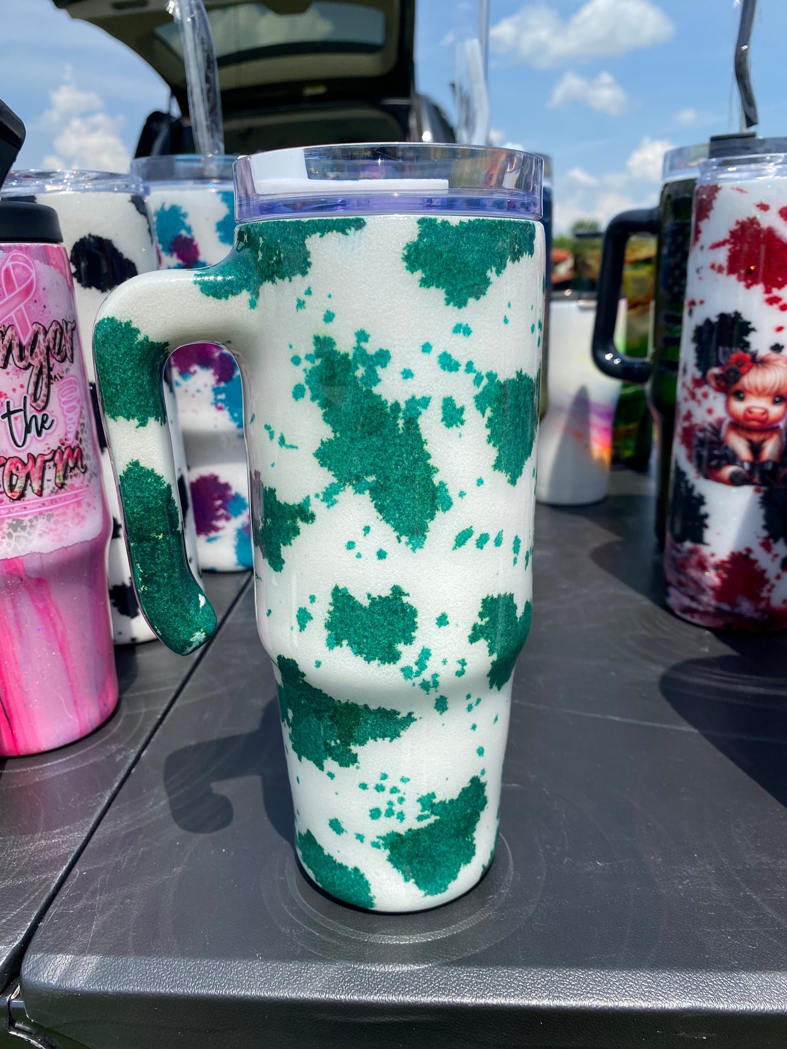 Hand Painted Green Cow Stainless Steel Grippy Handle Tumbler w/Sliding Lid - 30 Oz