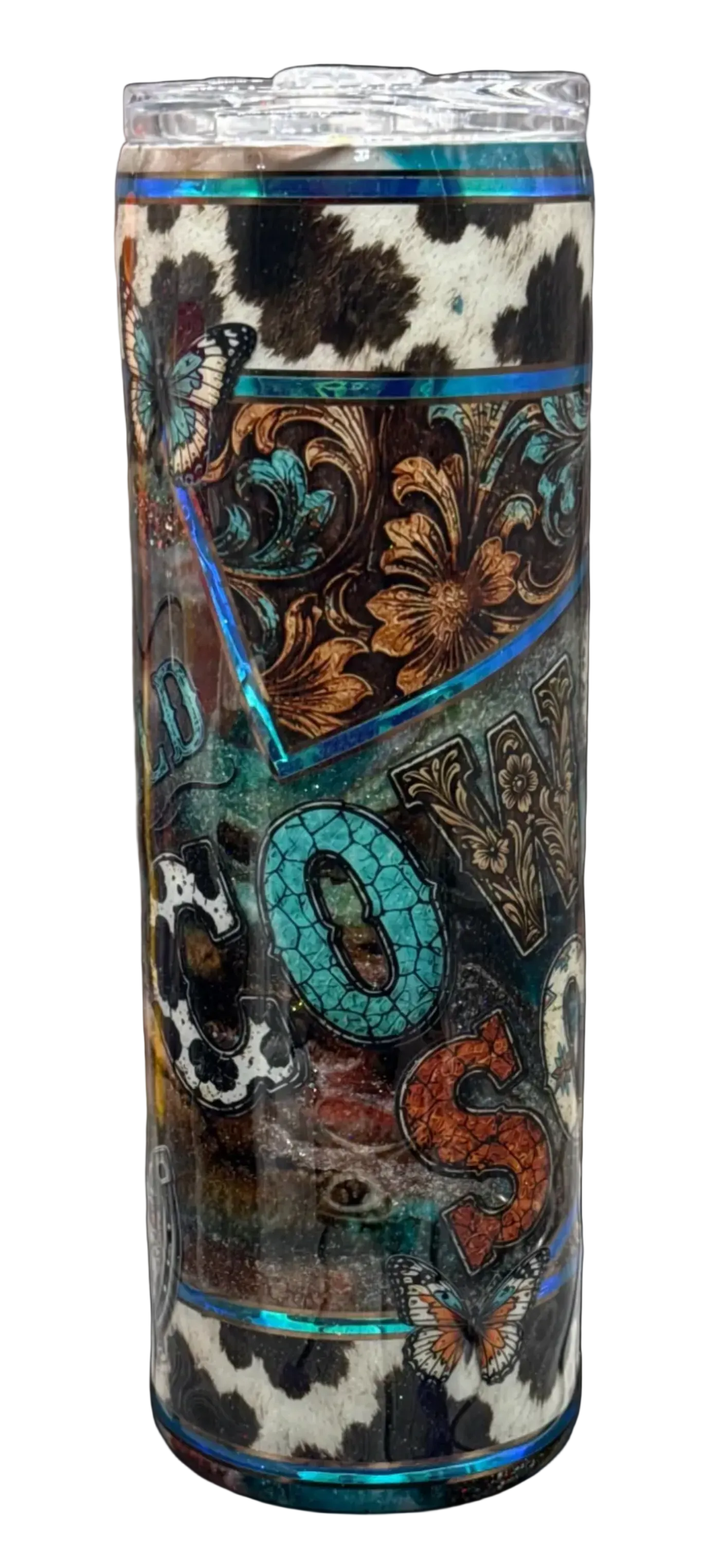 Custom Painted Cowgirl Soul Stainless Skinny Tumbler w/Sliding Lid and Straw- 30 Oz