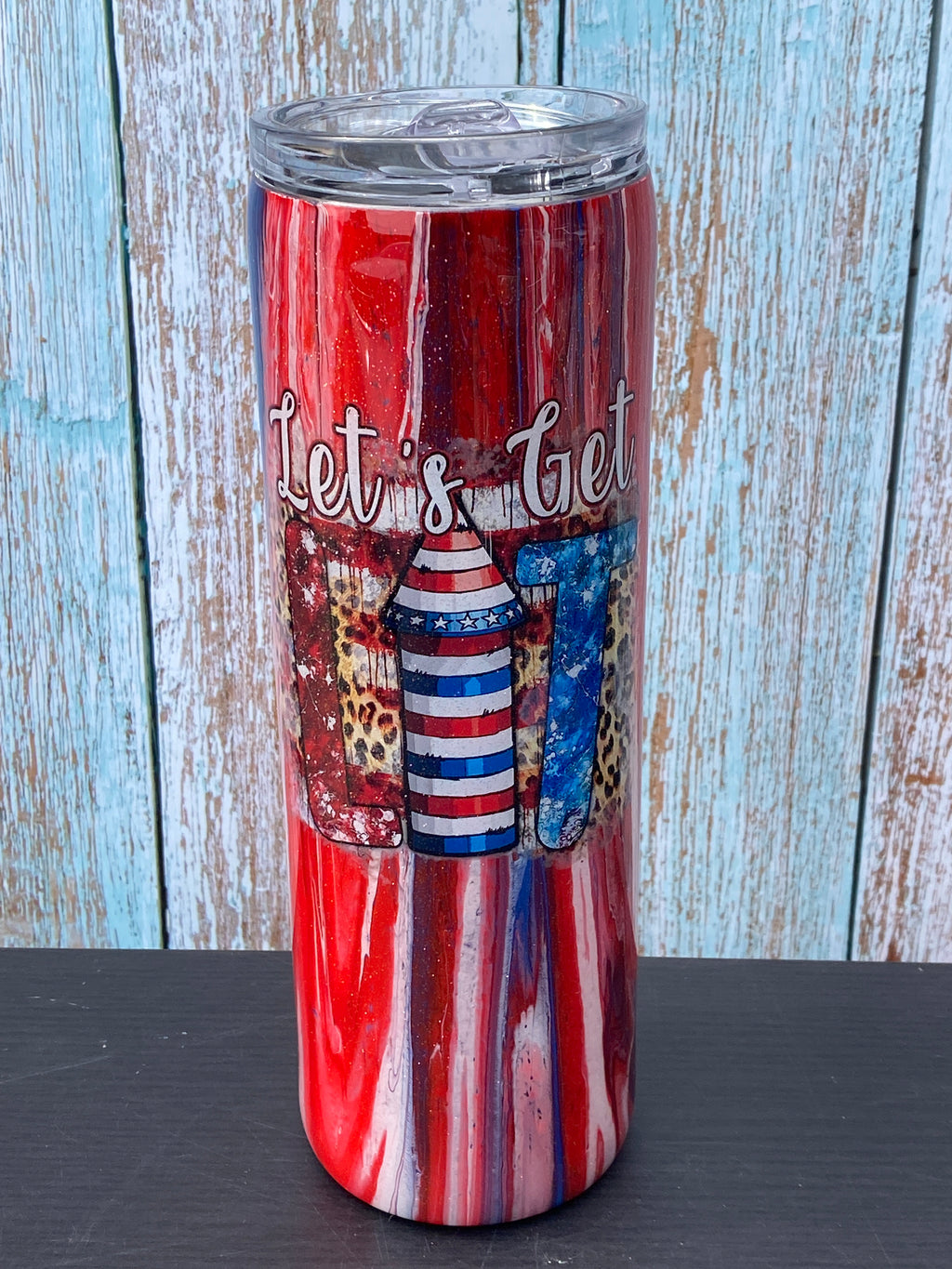 Custom Painted Lets Get Lit Stainless Skinny Tumbler w/Sliding Lid and Straw- 30 Oz