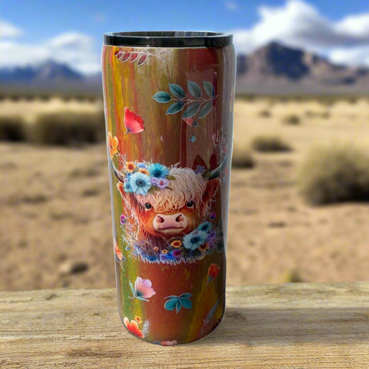 Hand Painted Brown Cow Stainless Fatty Tumbler w/Sliding Lid and Straw- 30 Oz