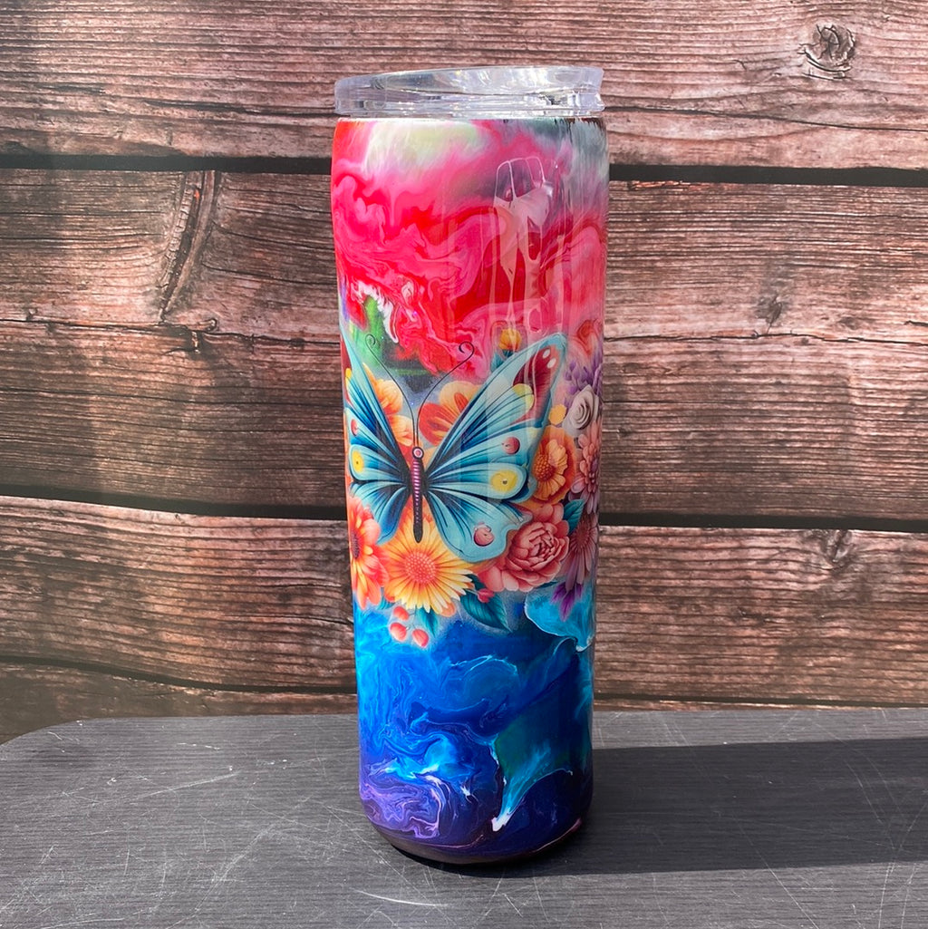 Custom Painted Color Swirl Butterfly Stainless Skinny Tumbler w/Sliding Lid and Straw- 30 Oz