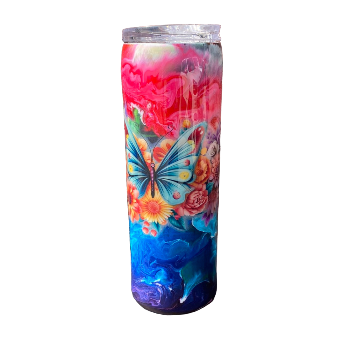 Custom Painted Color Swirl Butterfly Stainless Skinny Tumbler w/Sliding Lid and Straw- 30 Oz