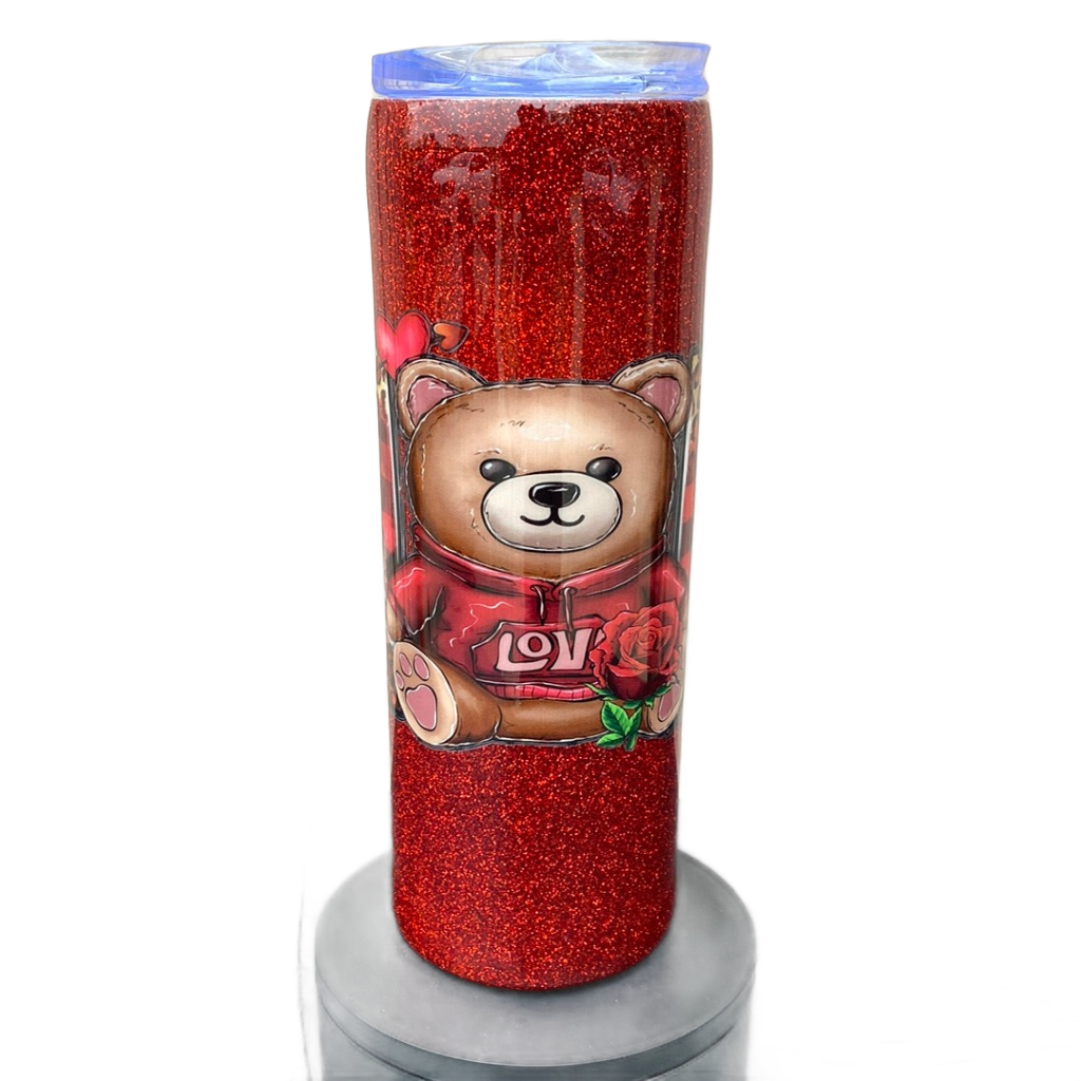 Custom Painted Glitter Mom Bear Stainless Skinny Tumbler w/Duo Lid Set and Straw- 20 Oz