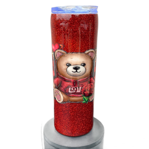 Custom Painted Glitter Mom Bear Stainless Skinny Tumbler w/Duo Lid Set and Straw- 20 Oz