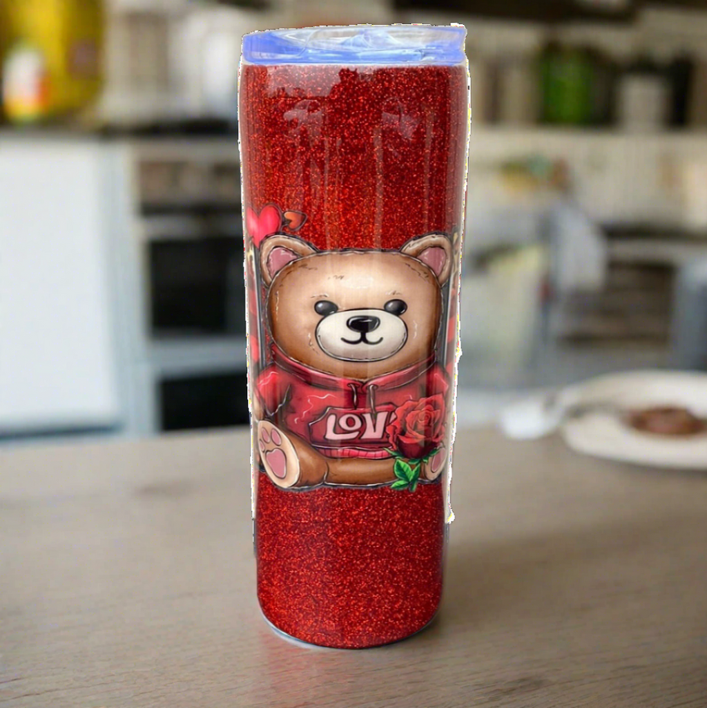 Custom Painted Glitter Mom Bear Stainless Skinny Tumbler w/Duo Lid Set and Straw- 20 Oz