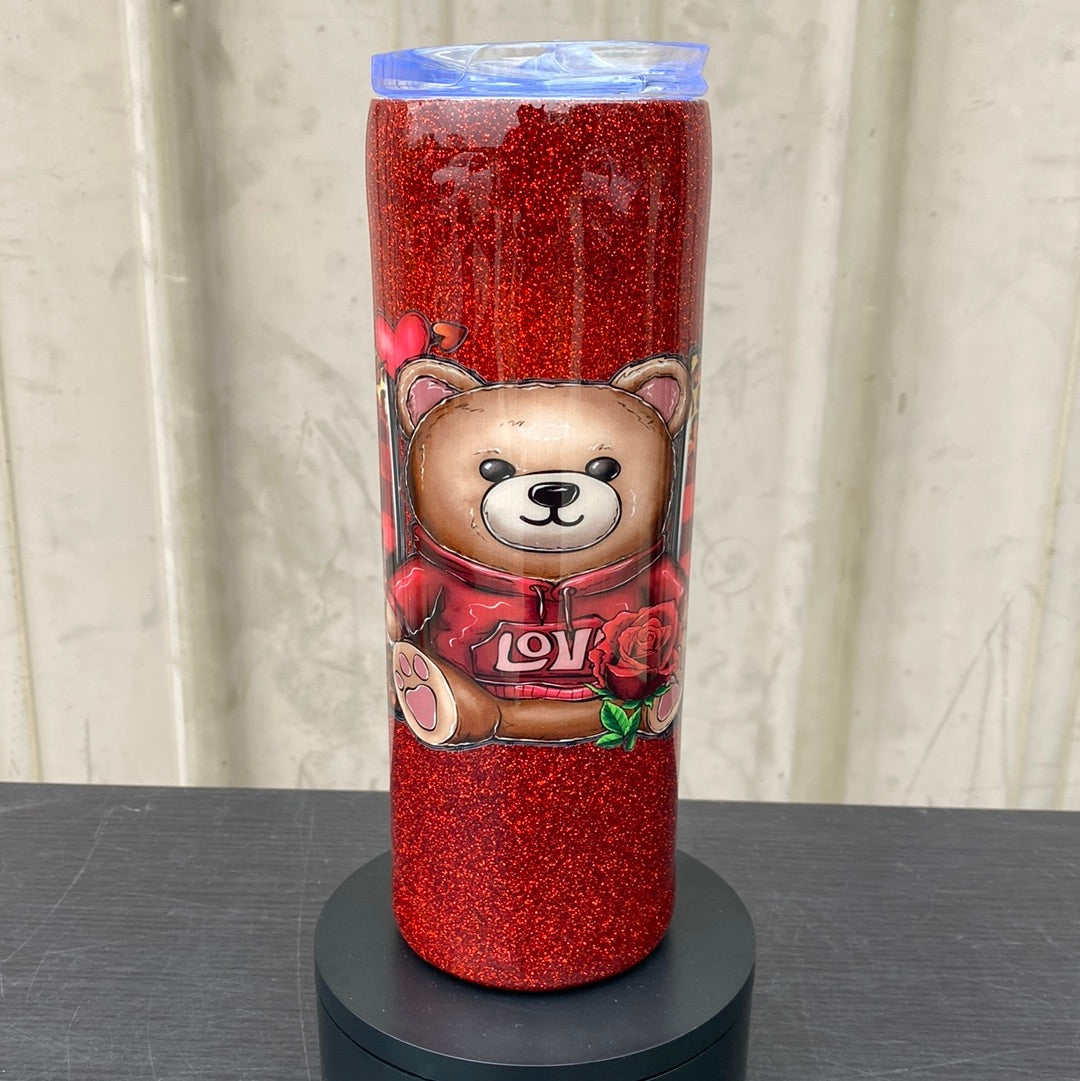 Custom Painted Glitter Mom Bear Stainless Skinny Tumbler w/Duo Lid Set and Straw- 20 Oz