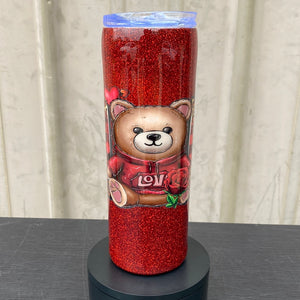 Custom Painted Glitter Mom Bear Stainless Skinny Tumbler w/Duo Lid Set and Straw- 20 Oz