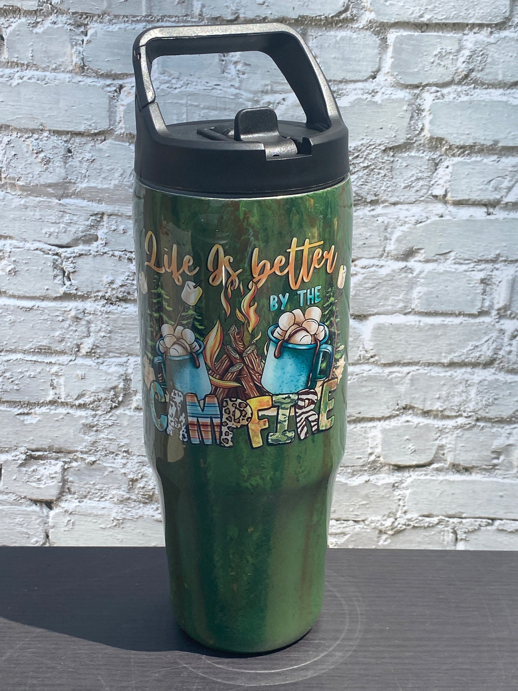 Hand Painted Campfire Stainless Clip Mate Hydro Bottle w/Lid and Straw- 30 Oz