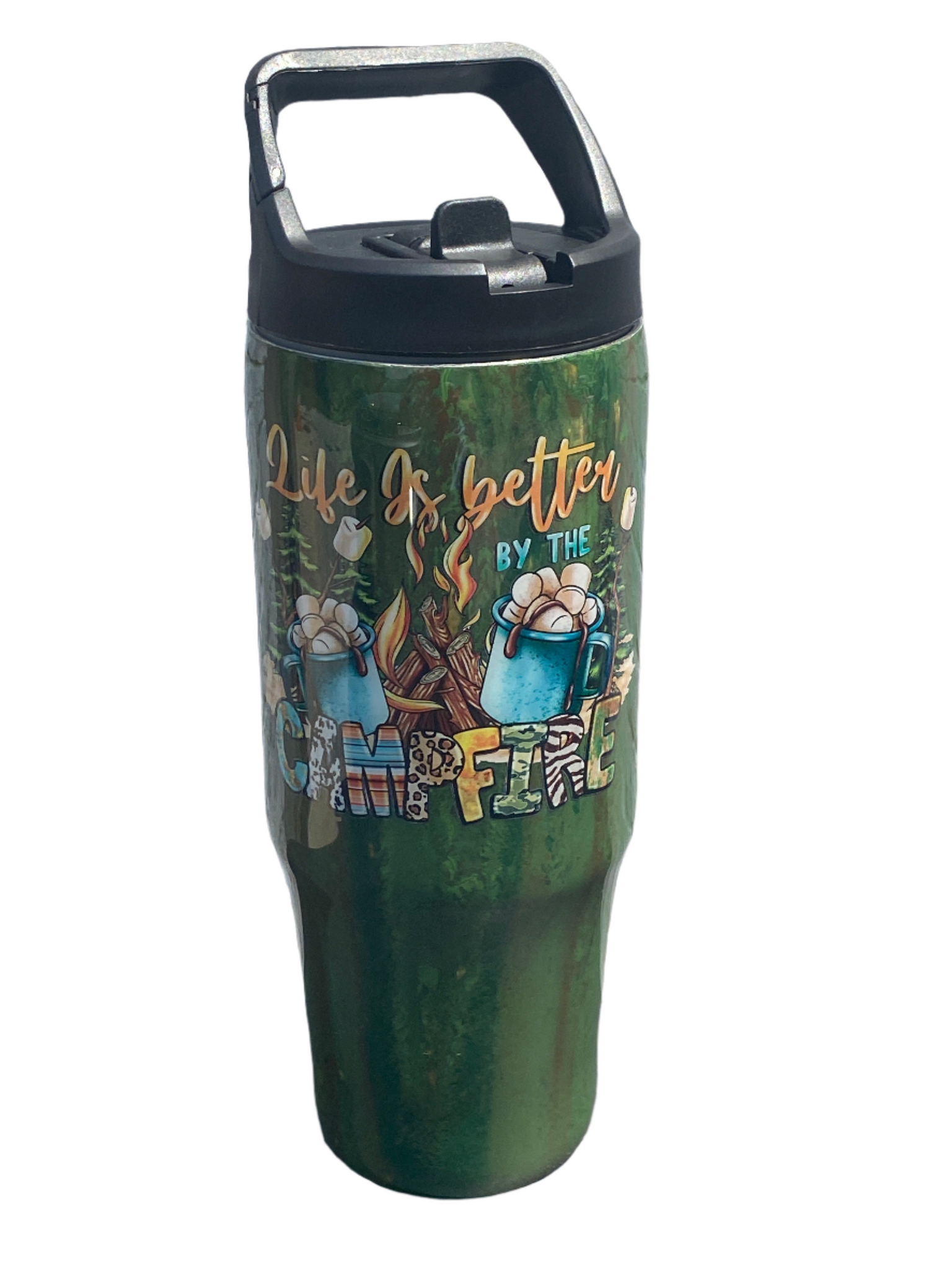 Hand Painted Campfire Stainless Clip Mate Hydro Bottle w/Lid and Straw- 30 Oz