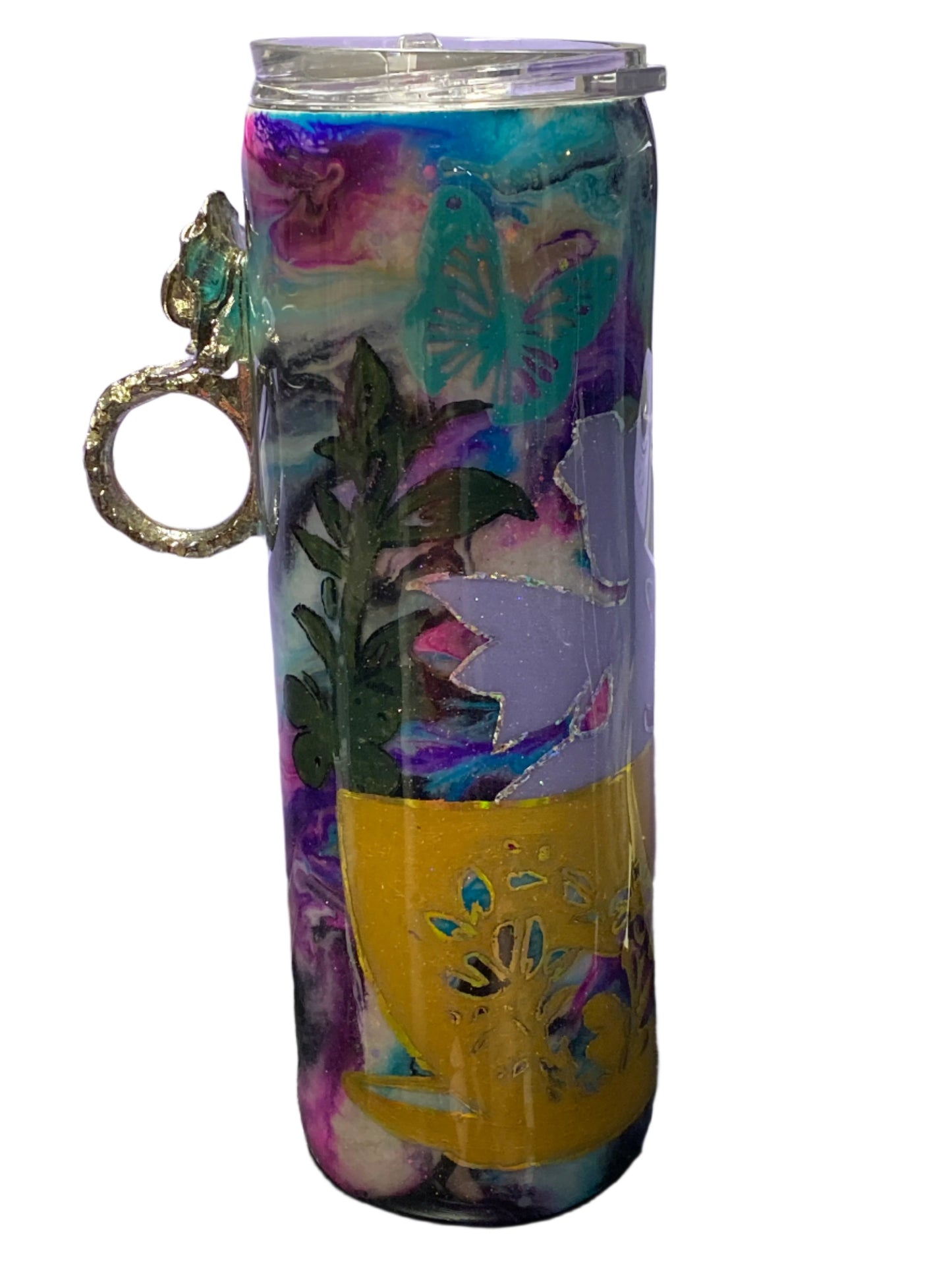 Custom Painted Fairy Tea Stainless Skinny Tumbler w/Sliding Lid and Straw- 30 Oz