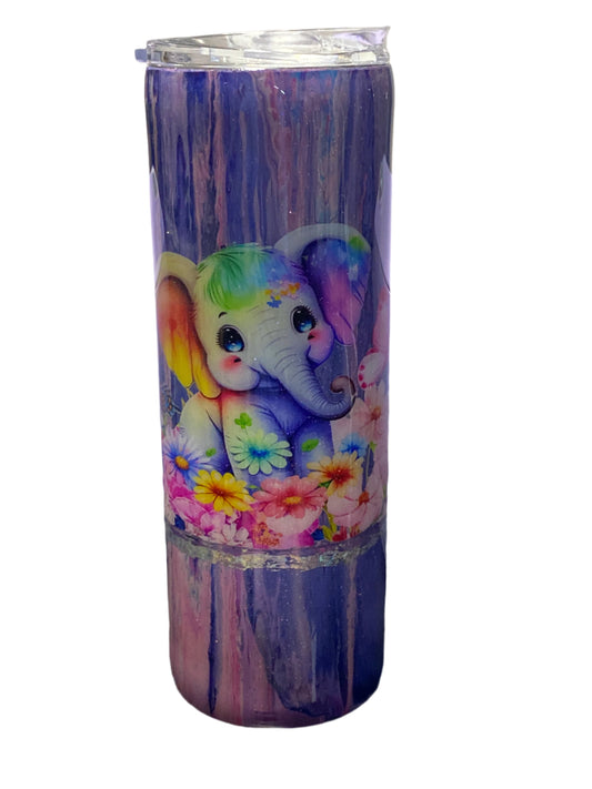 Custom Painted Purple Elephant Stainless Skinny Tumbler w/Sliding Lid and Straw- 20 Oz